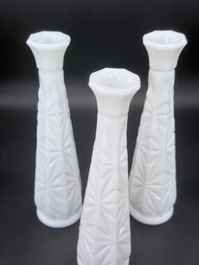 Vintage Hoosier Glass 4044 Milk Glass Starburst Bud Vases 9 Inch Set of 3